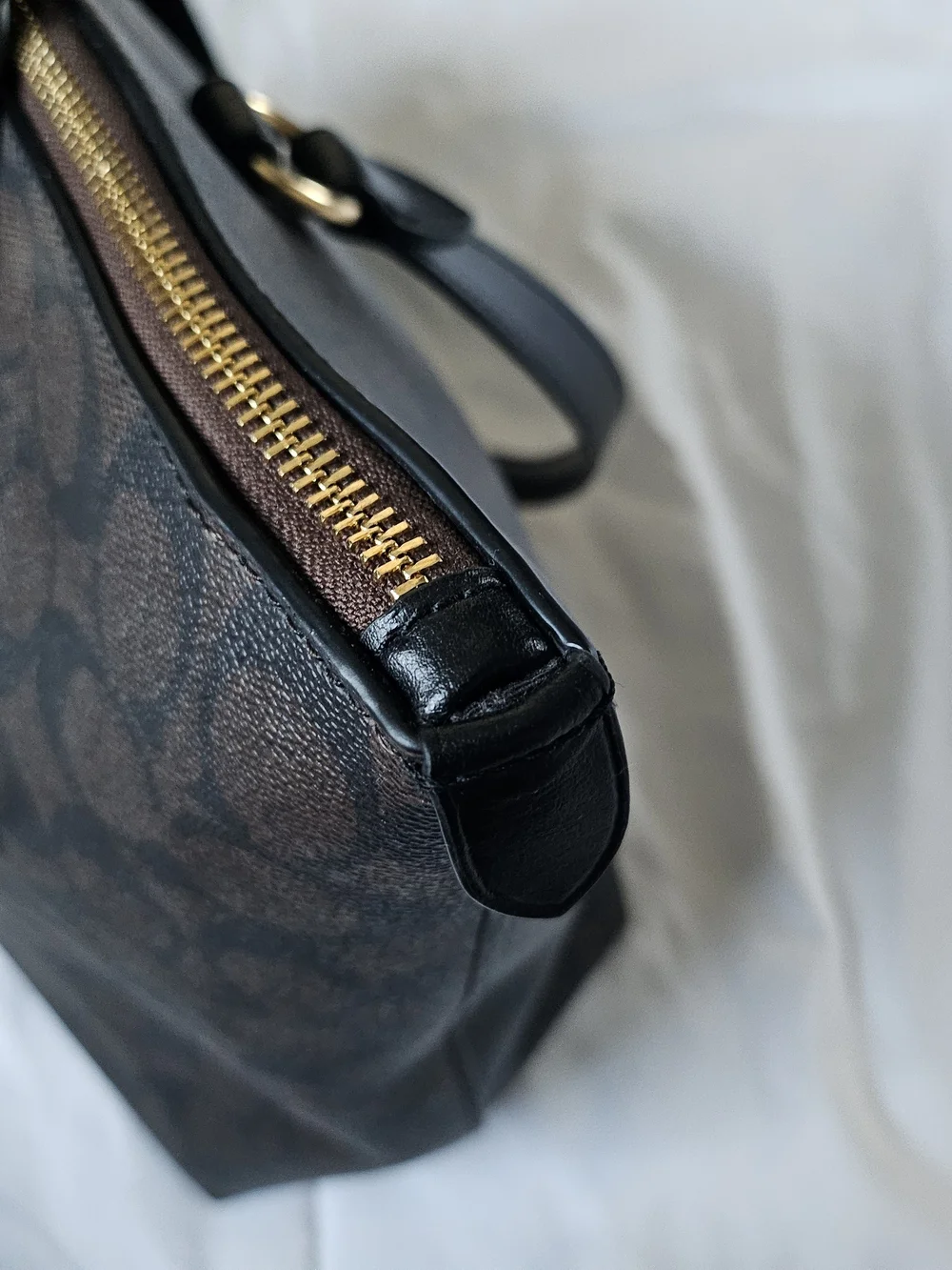 COACH Brown Signature Canvas Tote with Black Leather Straps